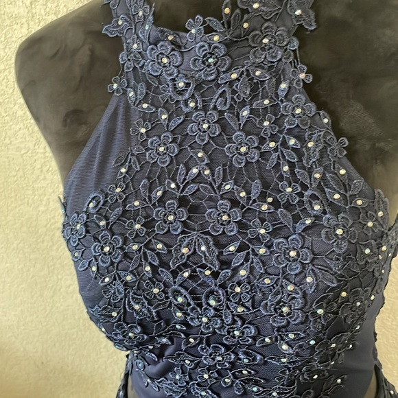 Say Yes To The Prom Navy Blue Lace Halter Dress - Picture 8 of 15